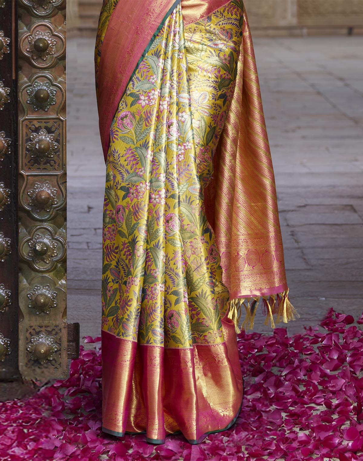 Collection of Mustard Floral Design Kanchipuram Pure Silk Contrast Border Saree in a gallery layout