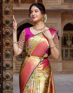 Collection of Mustard Floral Design Kanchipuram Pure Silk Contrast Border Saree in a gallery layout