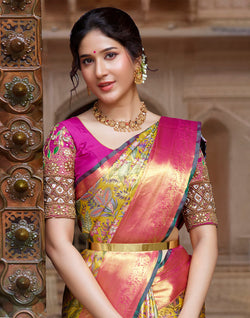 Collection of Mustard Floral Design Kanchipuram Pure Silk Contrast Border Saree in a gallery layout