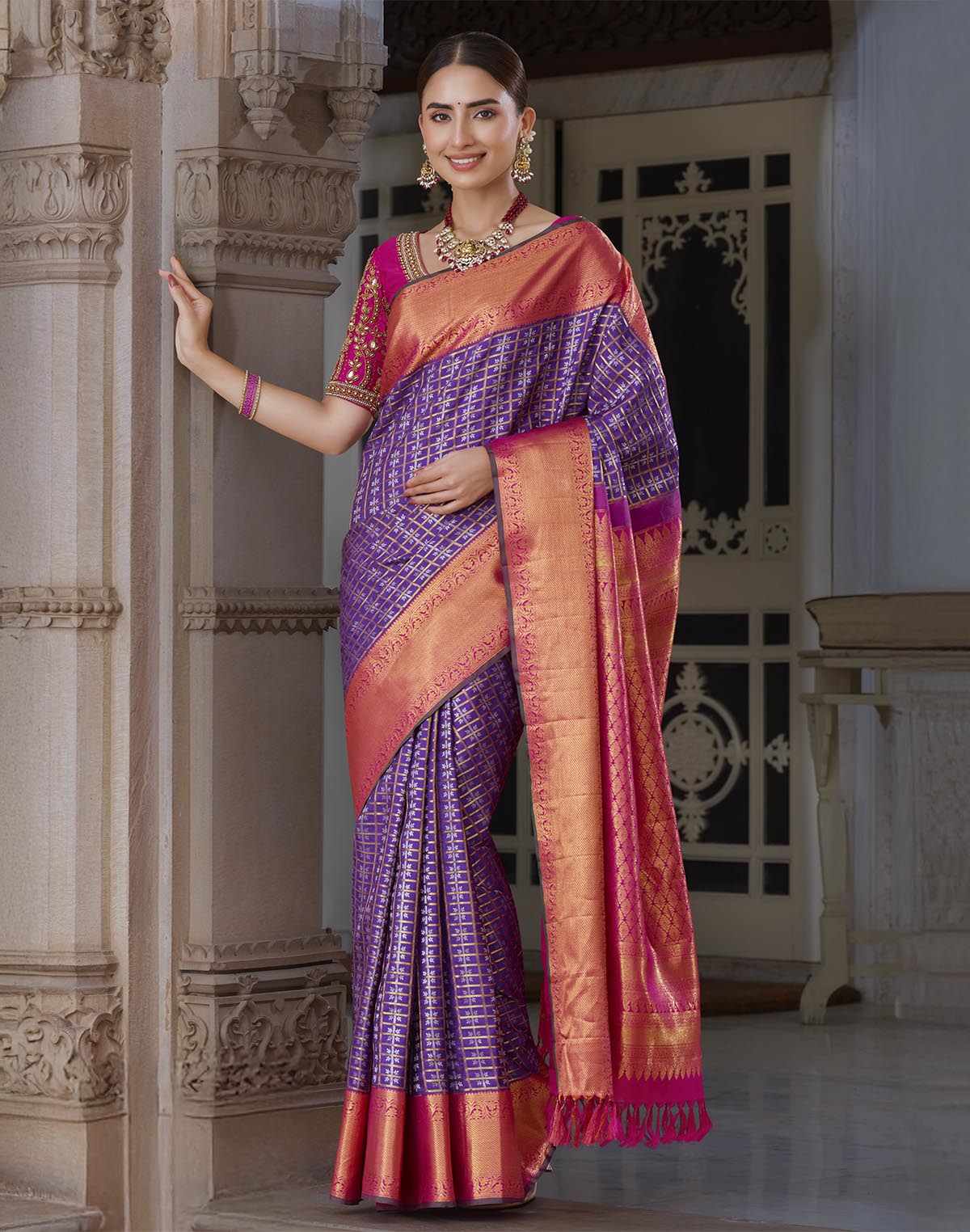 Elegant Purple Kanchipuram Pure Silk Saree With Contrast Border