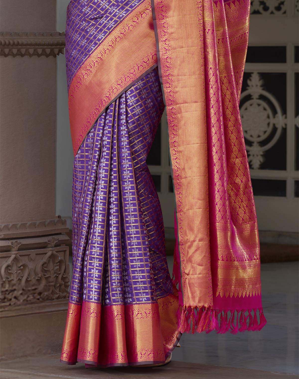 Collection of Elegant Purple Kanchipuram Pure Silk Saree With Contrast Border in a gallery layout