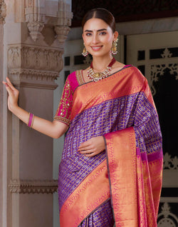 Collection of Elegant Purple Kanchipuram Pure Silk Saree With Contrast Border in a gallery layout