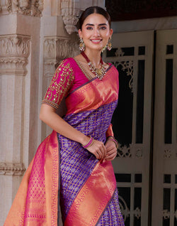 Collection of Elegant Purple Kanchipuram Pure Silk Saree With Contrast Border in a gallery layout