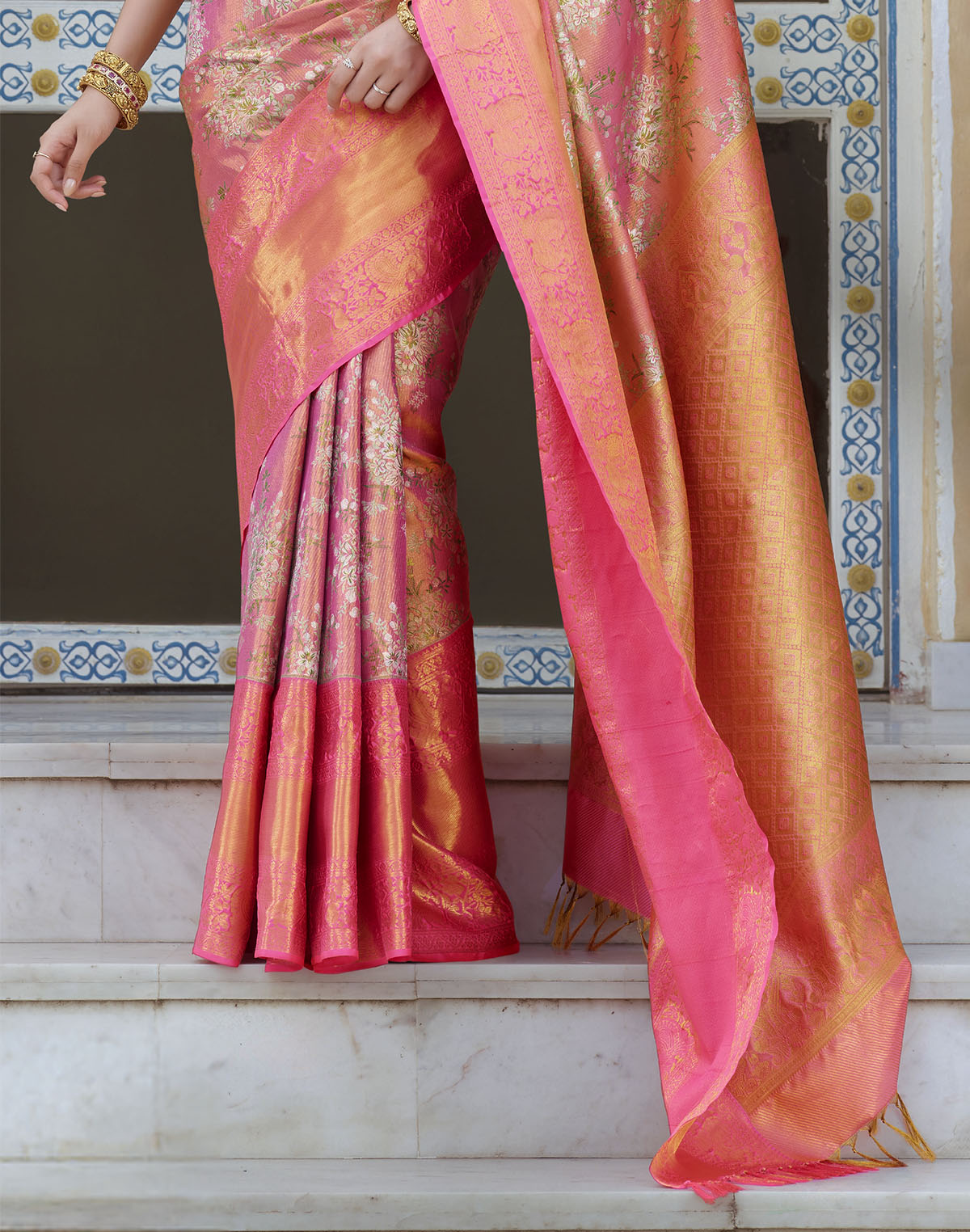 Collection of Double Shaded Peach Tissue Jaal Skut Border Saree in a gallery layout