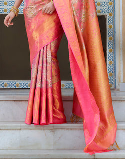 Collection of Double Shaded Peach Tissue Jaal Skut Border Saree in a gallery layout