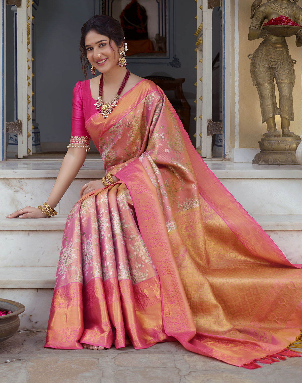 Collection of Double Shaded Peach Tissue Jaal Skut Border Saree in a gallery layout