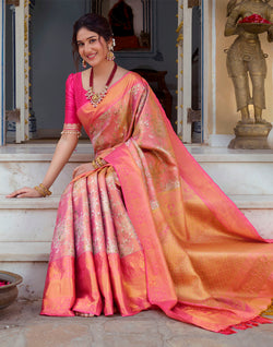 Collection of Double Shaded Peach Tissue Jaal Skut Border Saree in a gallery layout