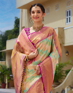 Collection of Multi Color Tissue Jaal Pure Silk Saree With Contrast Border in a gallery layout