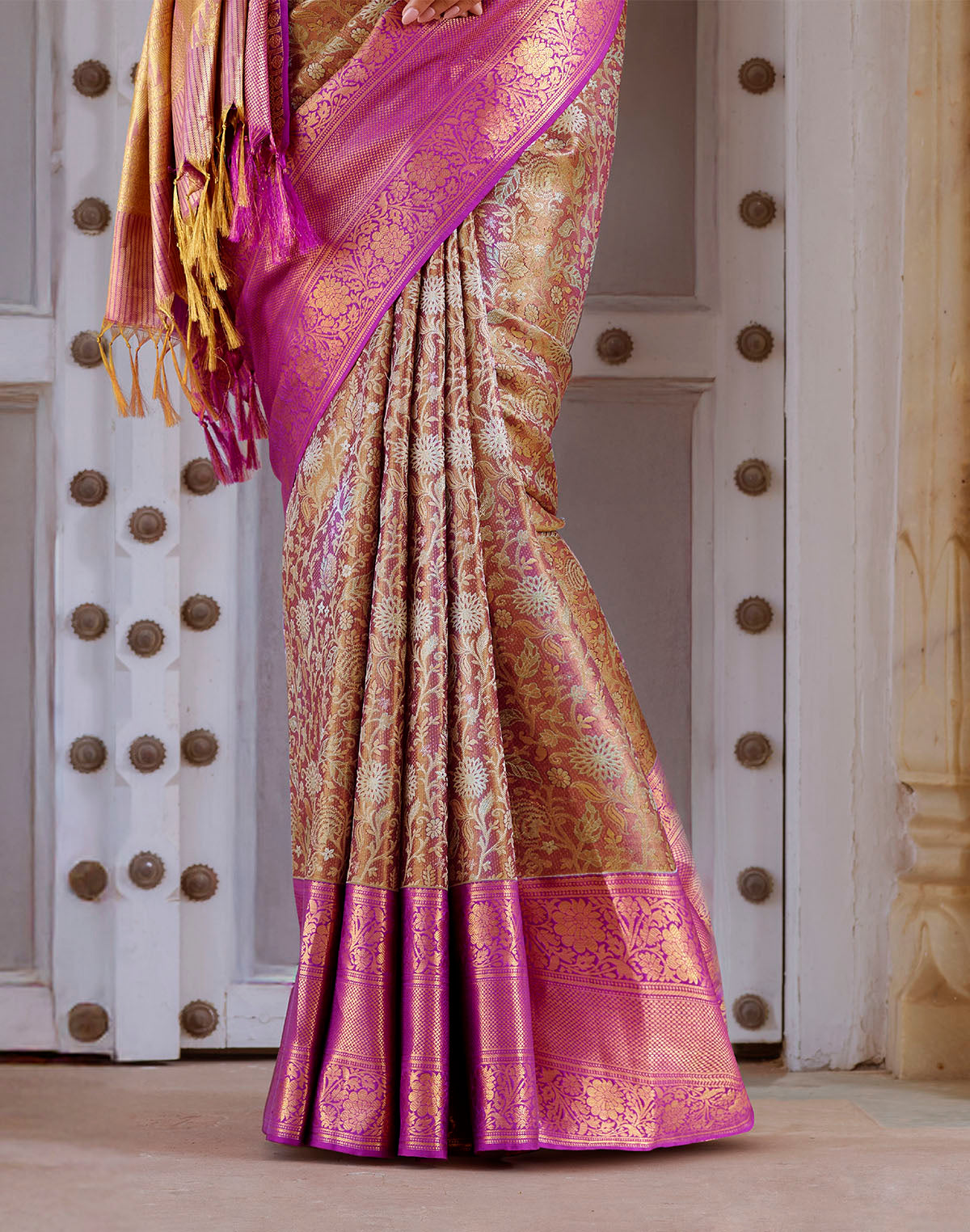 Collection of Double Shaded Beige Tissue Jaal Pure Silk Contrast Saree in a gallery layout