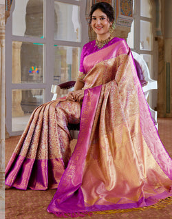 Collection of Double Shaded Beige Tissue Jaal Pure Silk Contrast Saree in a gallery layout