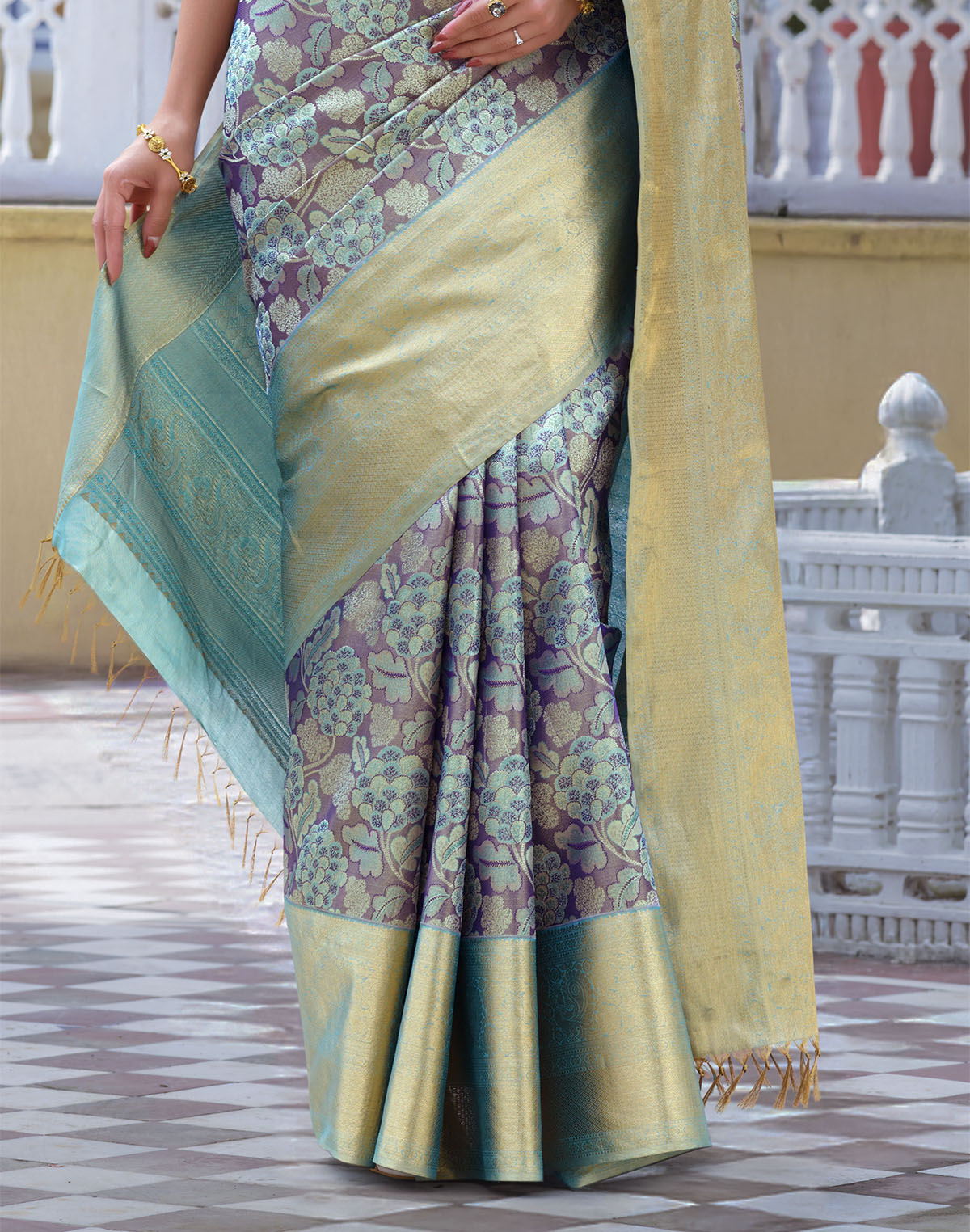 Collection of Graceful Light Purple Floral Pure Silk Saree in a gallery layout