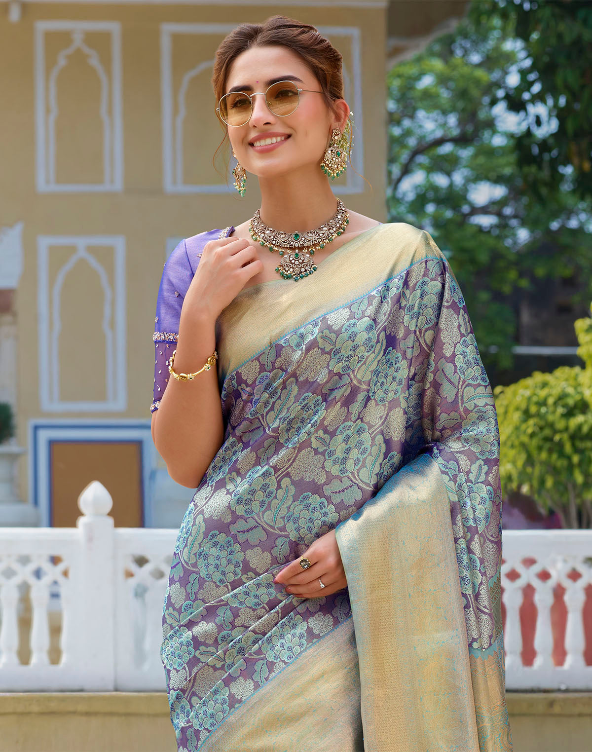 Collection of Graceful Light Purple Floral Pure Silk Saree in a gallery layout