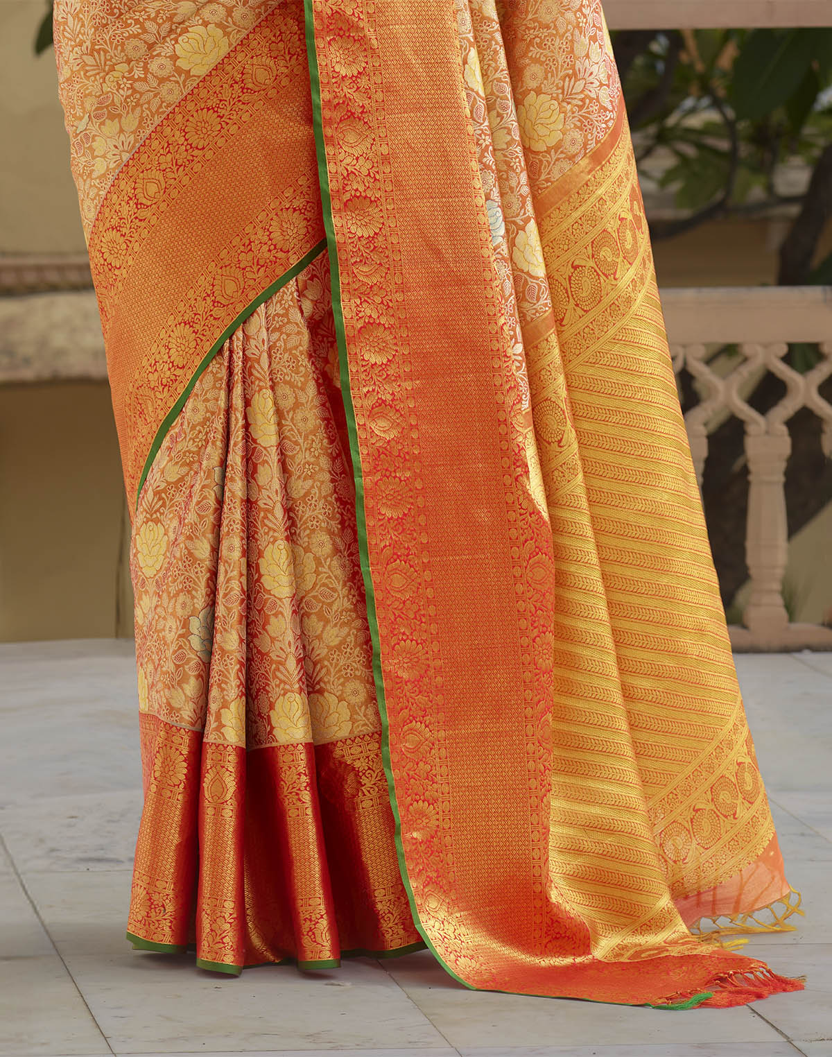 Collection of Orange and Green Floral Design Pure Silk Saree With Self Border in a gallery layout