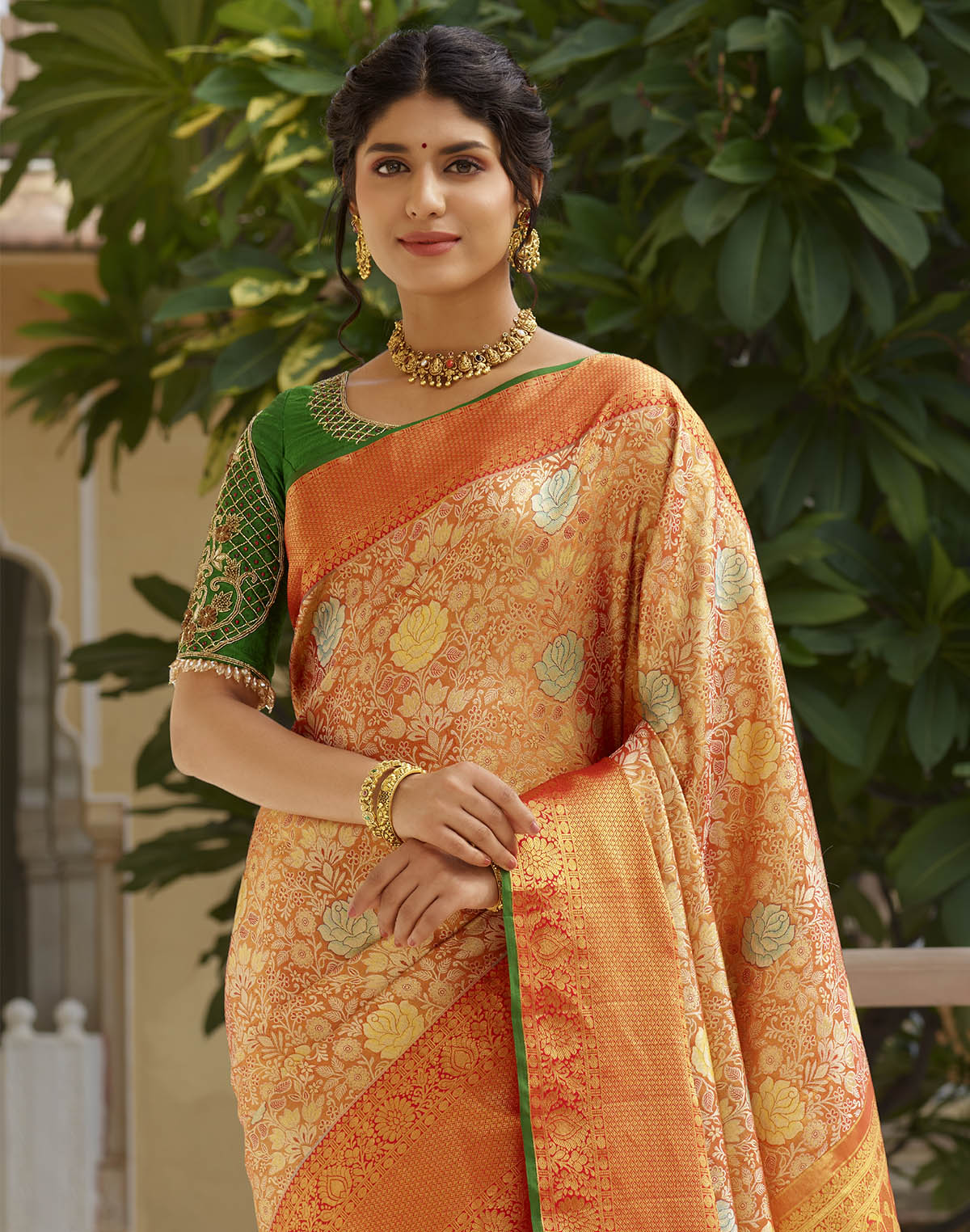 Collection of Orange and Green Floral Design Pure Silk Saree With Self Border in a gallery layout