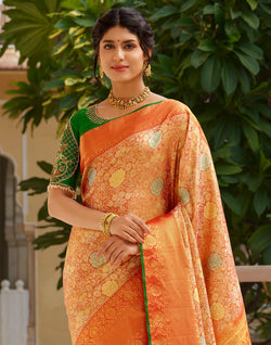 Collection of Orange and Green Floral Design Pure Silk Saree With Self Border in a gallery layout