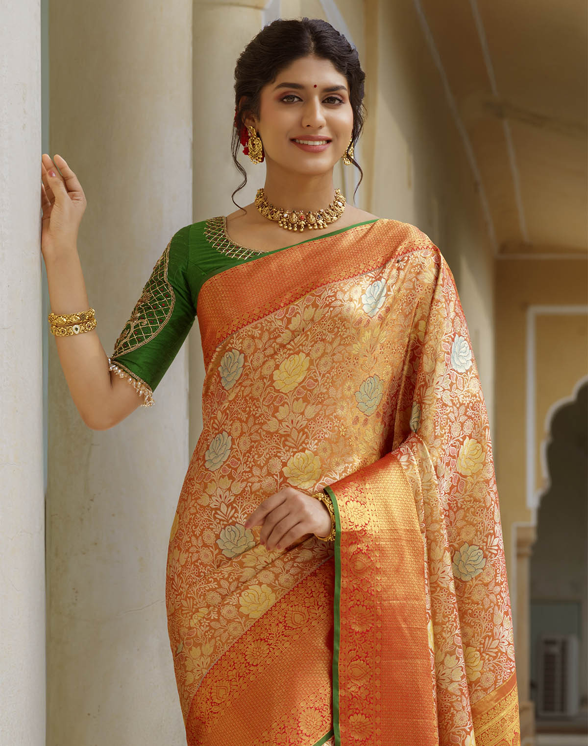 Orange and Green Floral Design Pure Silk Saree With Self Border