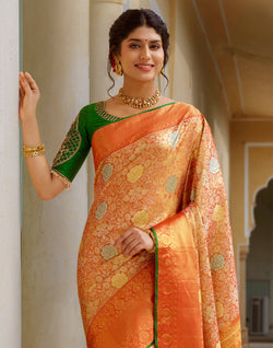 Collection of Orange and Green Floral Design Pure Silk Saree With Self Border in a gallery layout