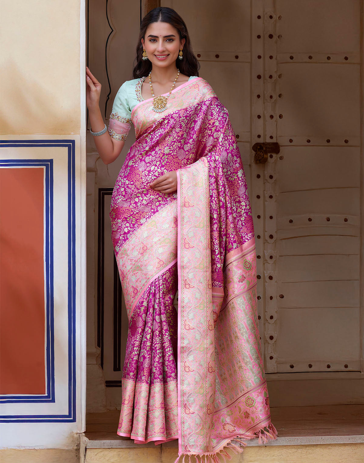 Pink All Over Floral Design Pure Silk Saree With Contrast Blouse