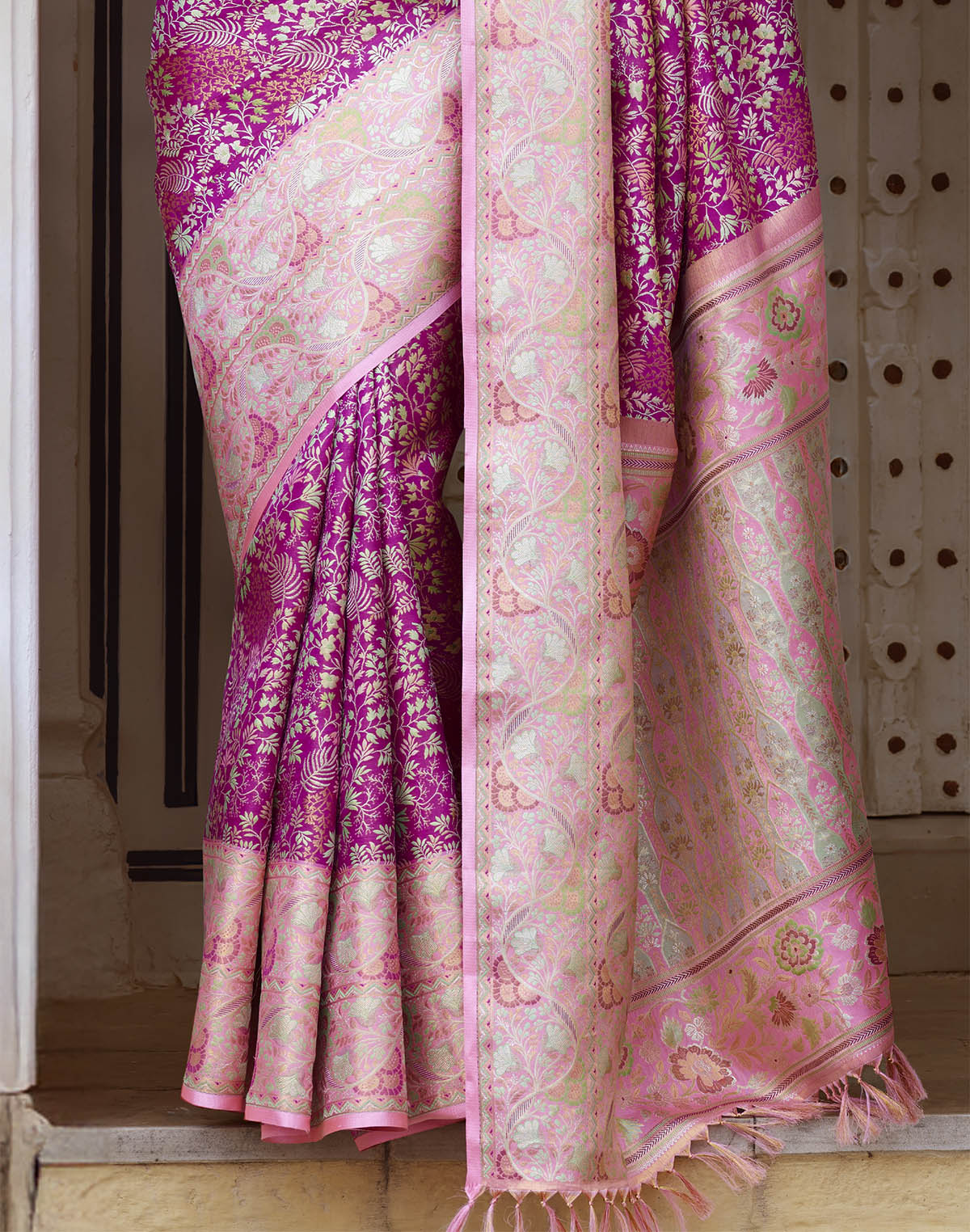 Collection of Pink All Over Floral Design Pure Silk Saree With Contrast Blouse in a gallery layout