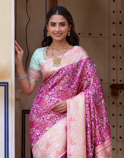 Collection of Pink All Over Floral Design Pure Silk Saree With Contrast Blouse in a gallery layout