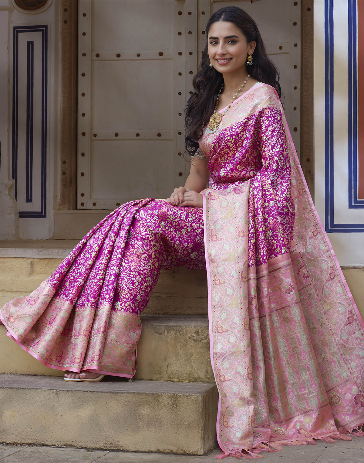 Collection of Pink All Over Floral Design Pure Silk Saree With Contrast Blouse in a gallery layout