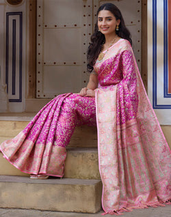 Collection of Pink All Over Floral Design Pure Silk Saree With Contrast Blouse in a gallery layout