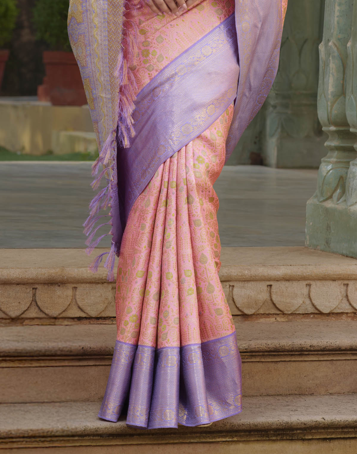 Collection of Light Pink Floral Kanchipuram Pure Silk Saree With Contrast Skut Border in a gallery layout