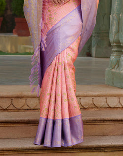 Collection of Light Pink Floral Kanchipuram Pure Silk Saree With Contrast Skut Border in a gallery layout