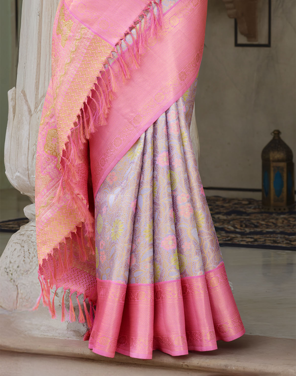 Collection of Double Shaded Beige Tissue Jaal Kanchipuram Pure Silk Saree With Contrast Boder in a gallery layout