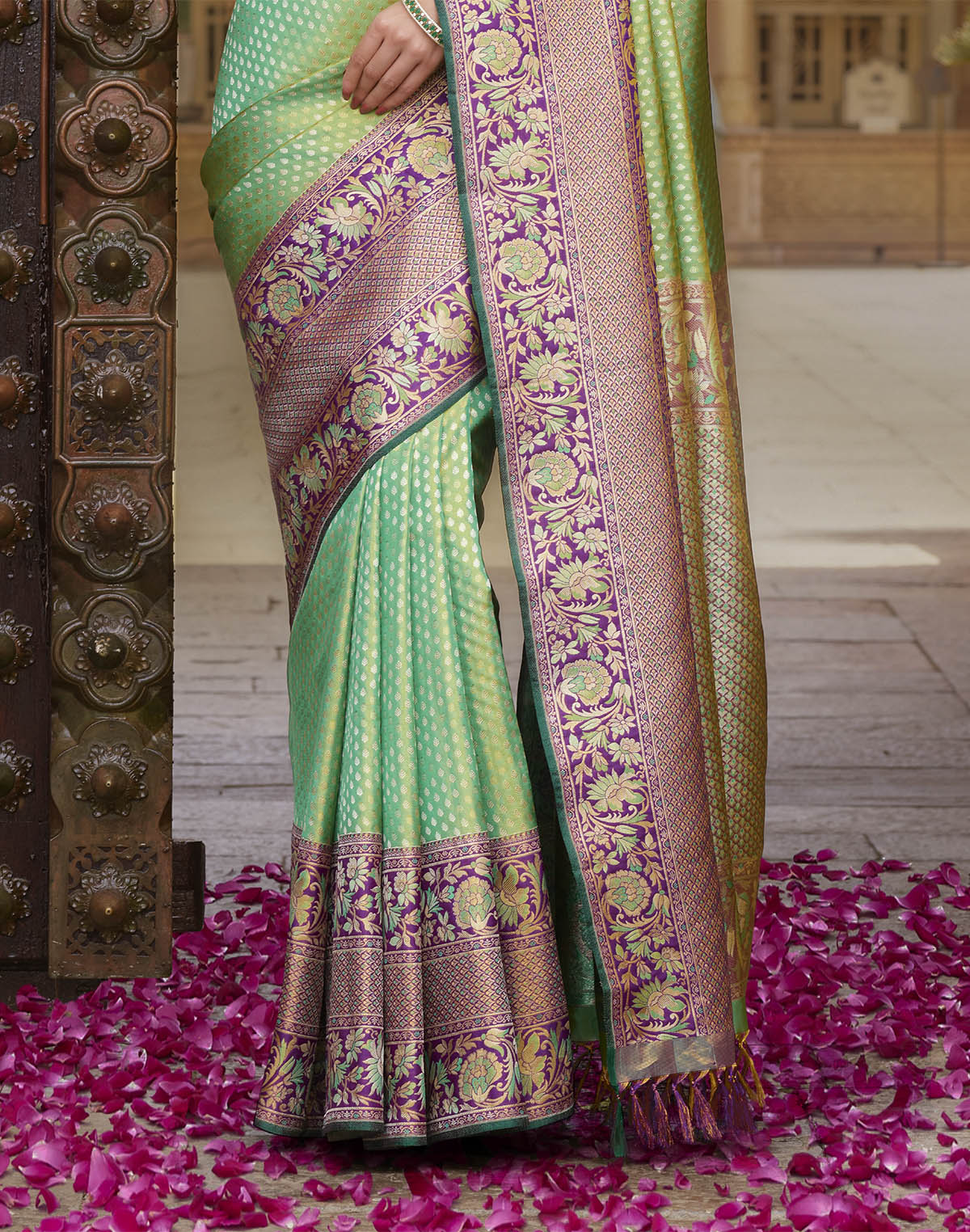 Collection of Double Shaded Green Brocade Design Pure Silk Contrast Skut Border Saree in a gallery layout