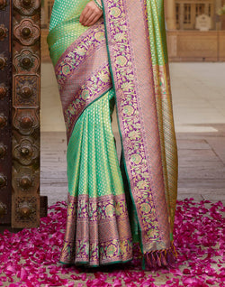 Collection of Double Shaded Green Brocade Design Pure Silk Contrast Skut Border Saree in a gallery layout