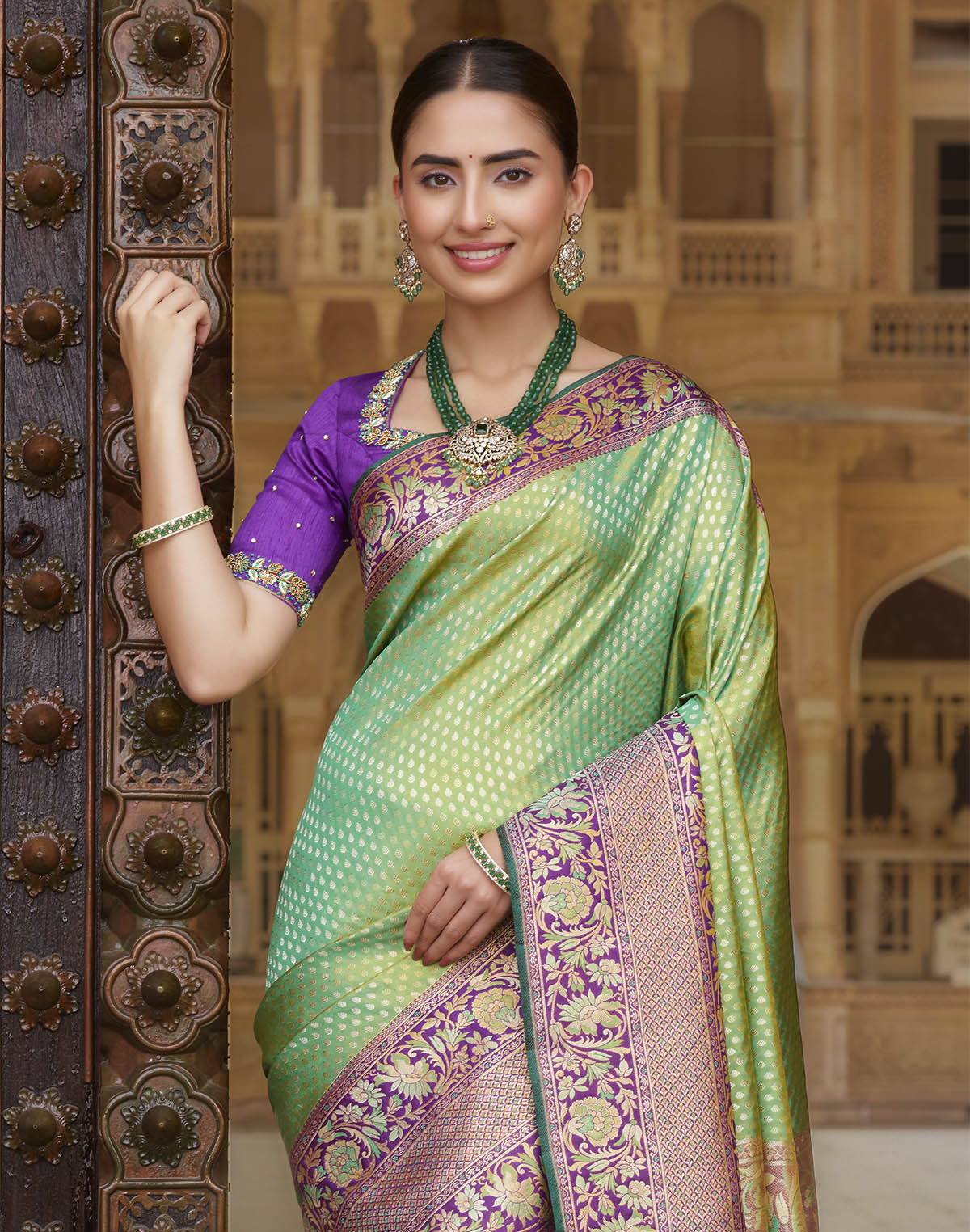 Collection of Double Shaded Green Brocade Design Pure Silk Contrast Skut Border Saree in a gallery layout