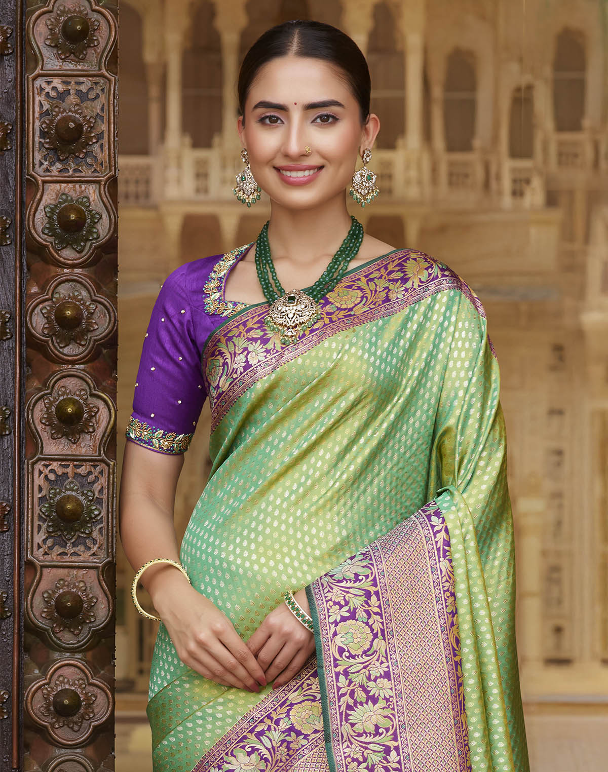 Collection of Double Shaded Green Brocade Design Pure Silk Contrast Skut Border Saree in a gallery layout