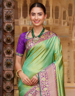 Collection of Double Shaded Green Brocade Design Pure Silk Contrast Skut Border Saree in a gallery layout