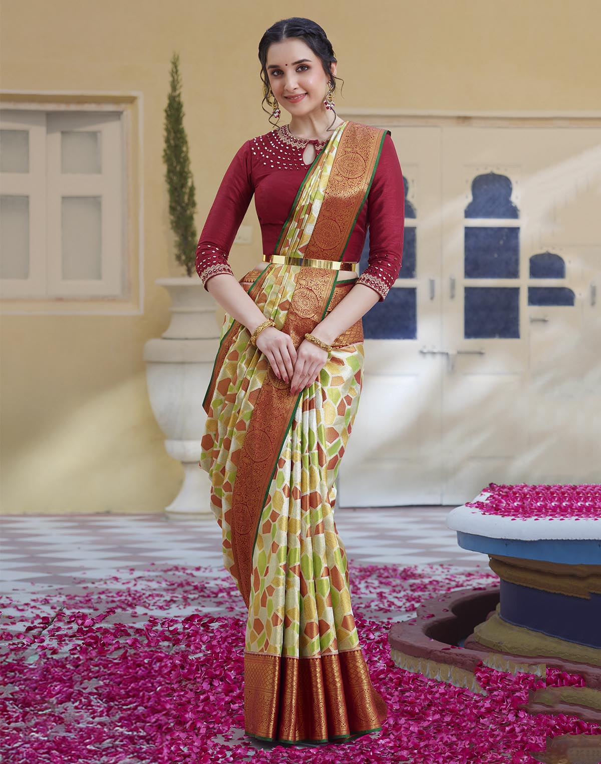 Multi Color Tissue Jaal Pure Silk Saree With Contrast Blouse