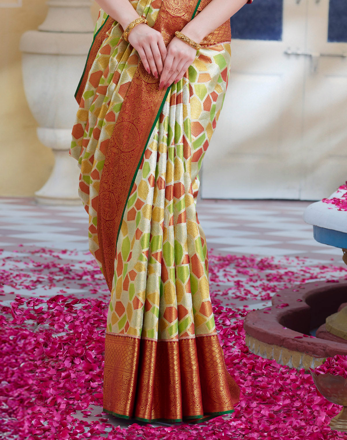 Collection of Multi Color Tissue Jaal Pure Silk Saree With Contrast Blouse in a gallery layout