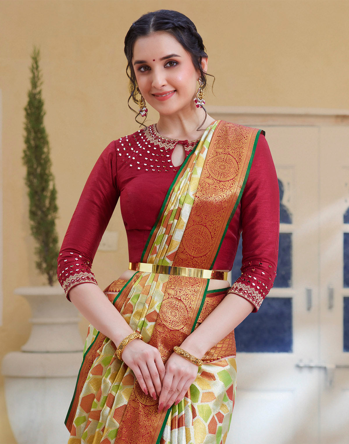 Collection of Multi Color Tissue Jaal Pure Silk Saree With Contrast Blouse in a gallery layout