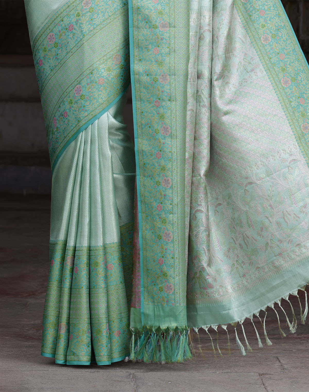 Collection of Sea Green Self Design Kanchipuram Pure Silk Saree in a gallery layout