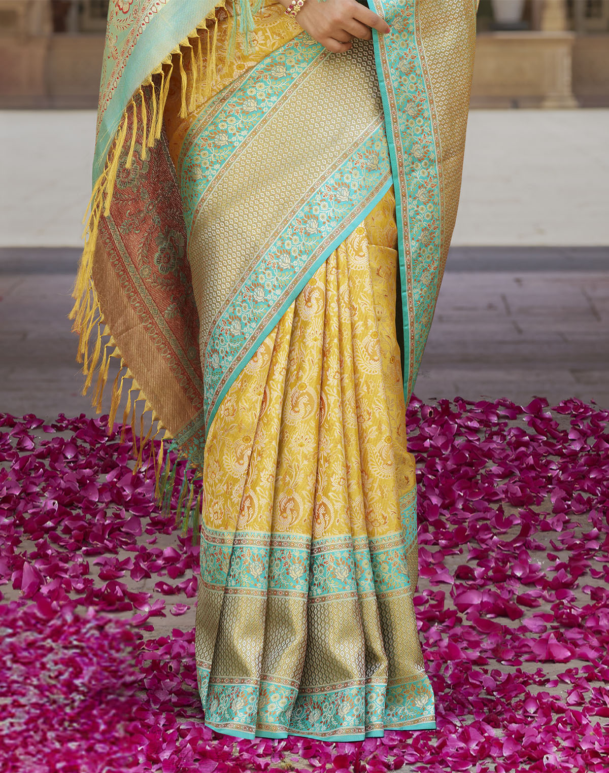 Collection of Yellow Ethnic Motifs Kanchipuram Pure Silk Saree With Contrast Skut Border in a gallery layout