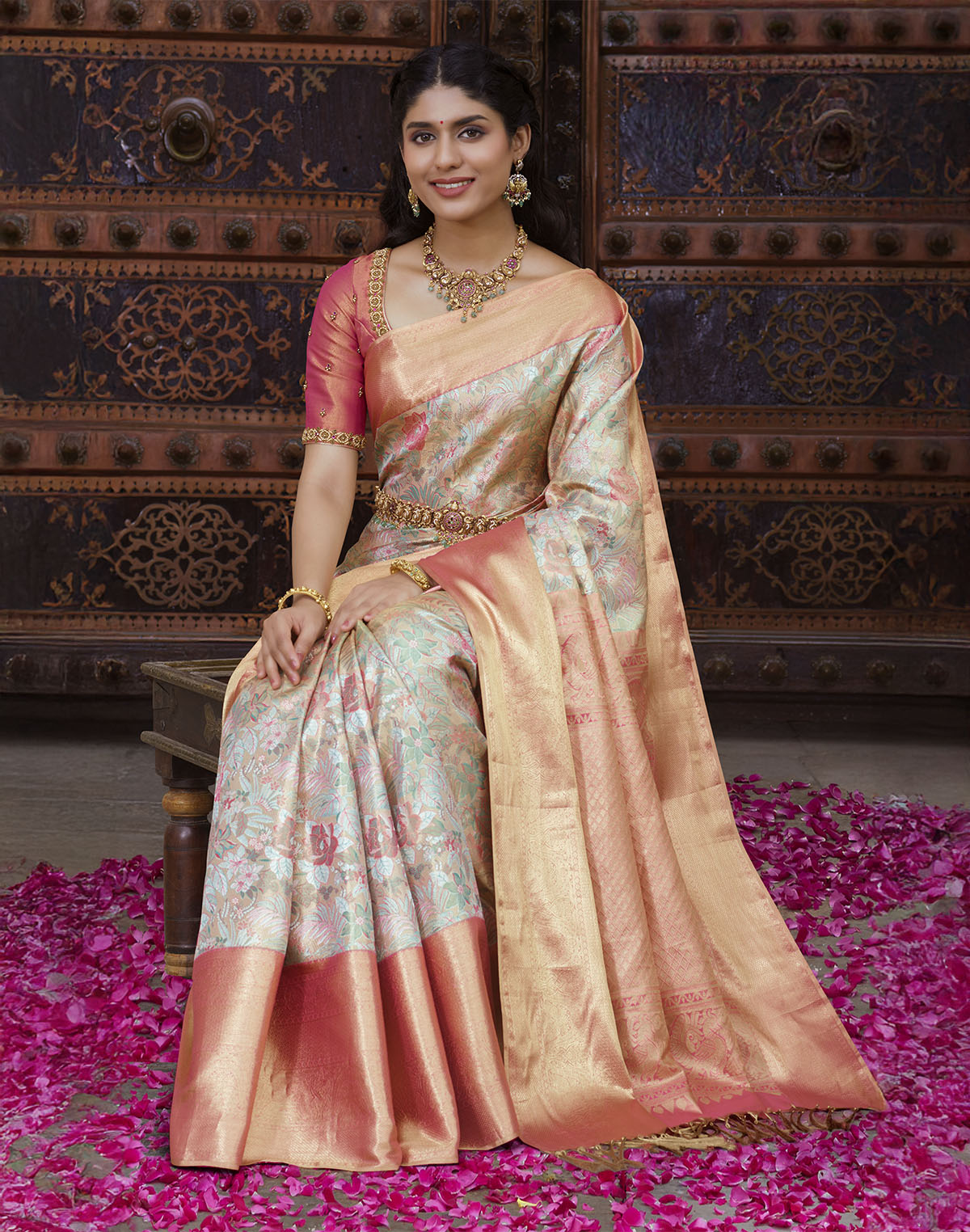 Collection of Double Shaded Grey Tissue Jaal Kanchipuram Pure Silk Saree in a gallery layout