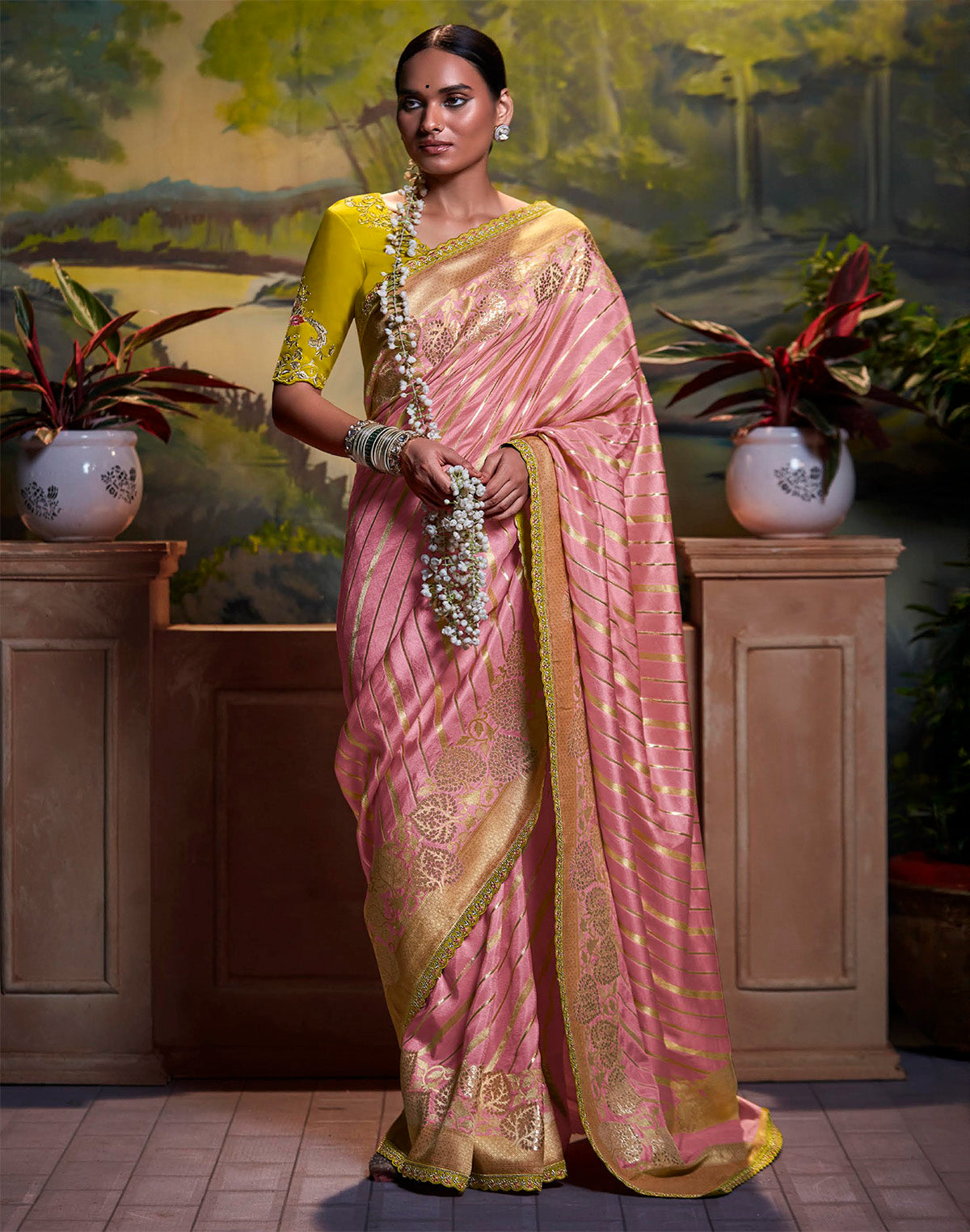 Light Pink Pure Dola Silk Saree With Fancy Lace Border and Embroidery Work Blouse