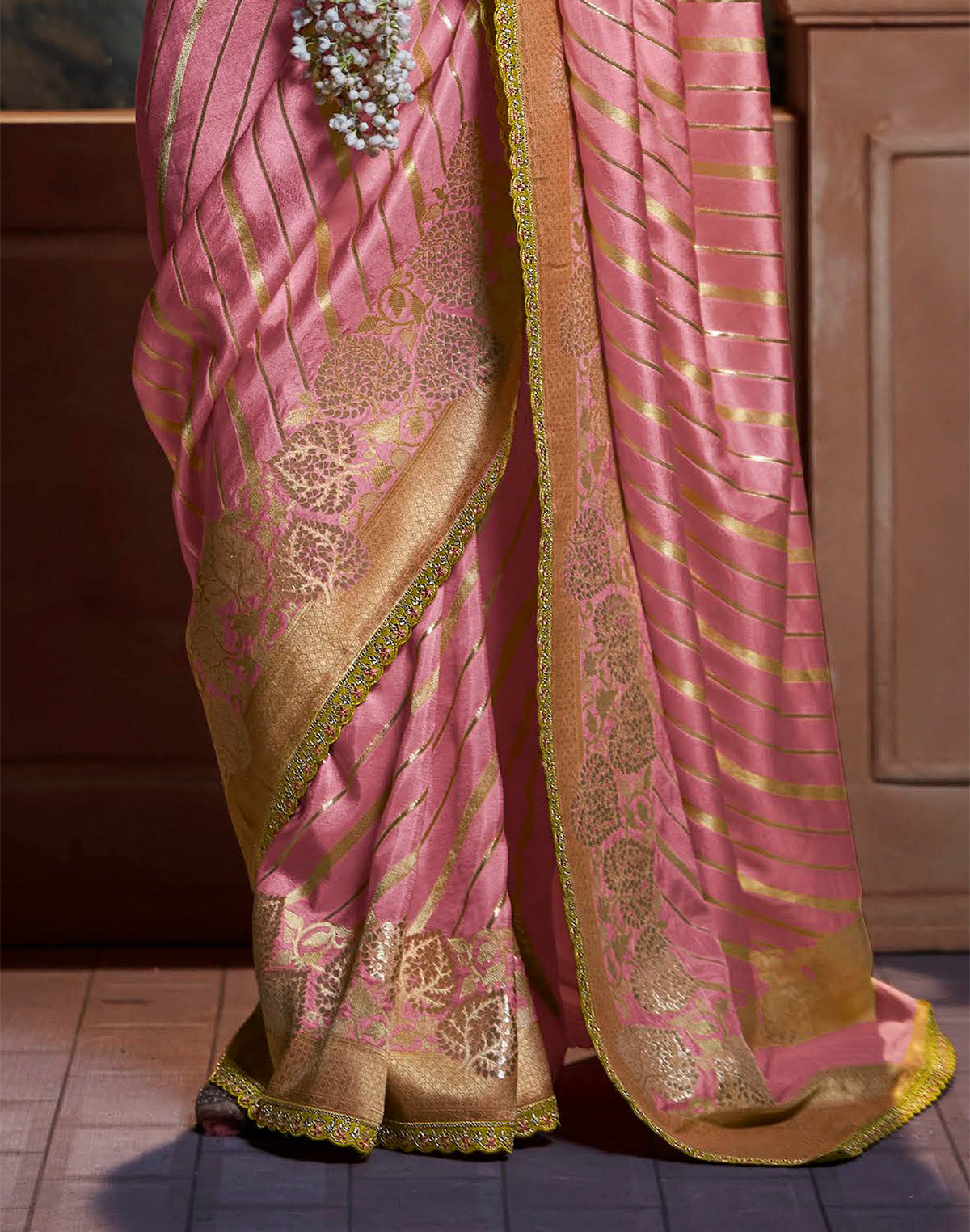 Collection of Light Pink Pure Dola Silk Saree With Fancy Lace Border and Embroidery Work Blouse in a gallery layout