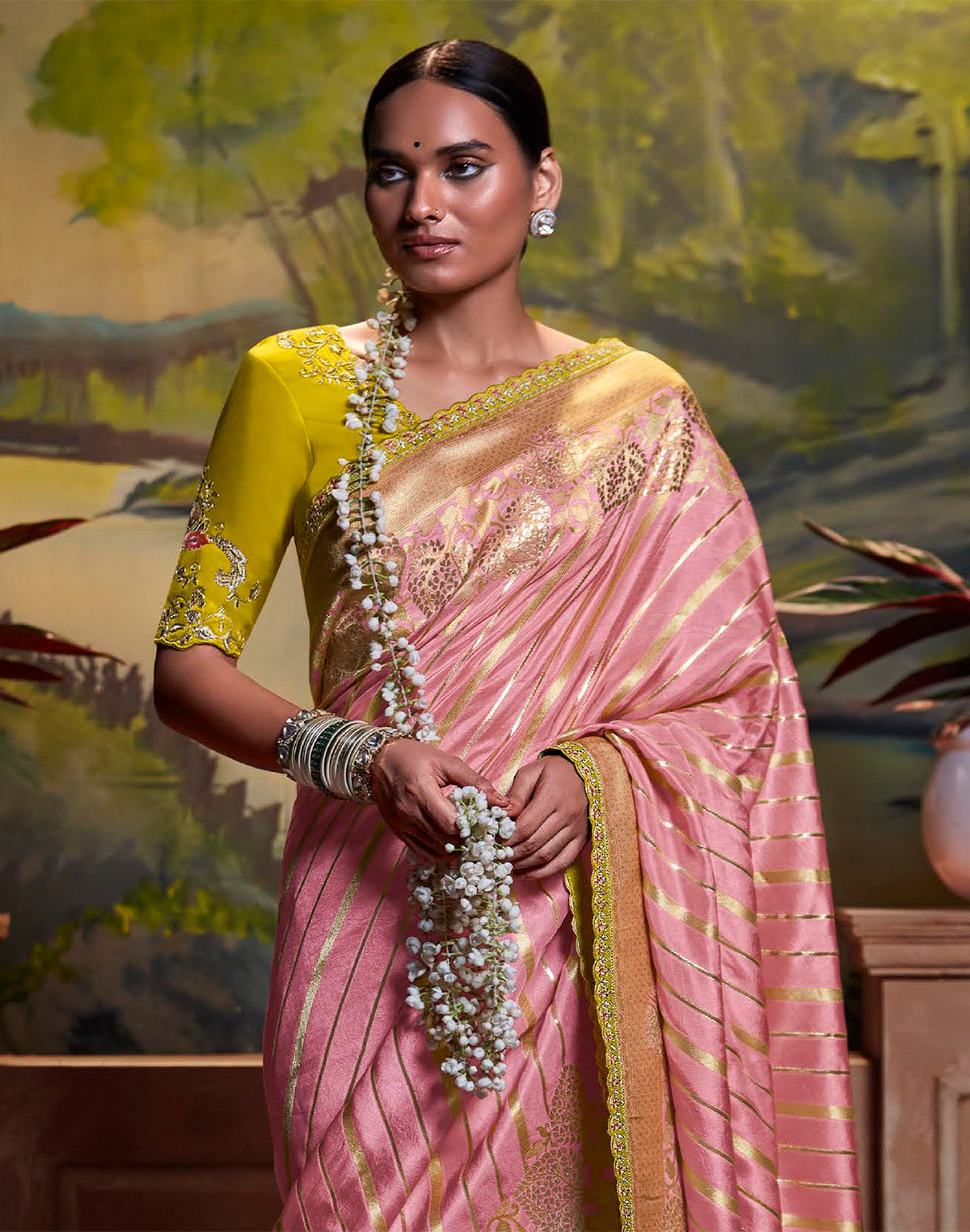 Collection of Light Pink Pure Dola Silk Saree With Fancy Lace Border and Embroidery Work Blouse in a gallery layout