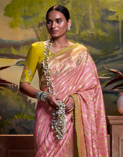 Collection of Light Pink Pure Dola Silk Saree With Fancy Lace Border and Embroidery Work Blouse in a gallery layout