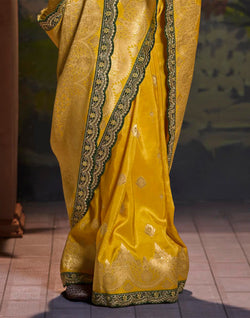 Collection of Yellow Coloured Pure Dola Silk Saree With Embroidery Blouse in a gallery layout