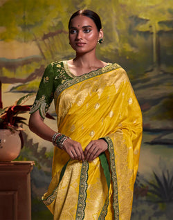 Collection of Yellow Coloured Pure Dola Silk Saree With Embroidery Blouse in a gallery layout