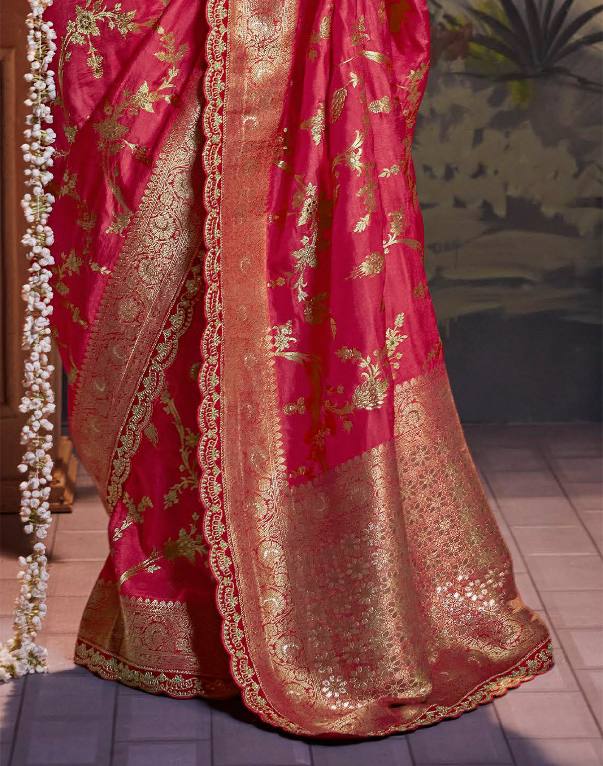 Collection of Pink Color Pure Dola Silk Saree With Contrast Designerwork  Blouse in a gallery layout