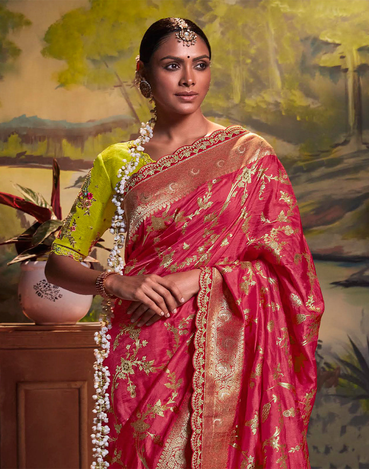 Collection of Pink Color Pure Dola Silk Saree With Contrast Designerwork  Blouse in a gallery layout