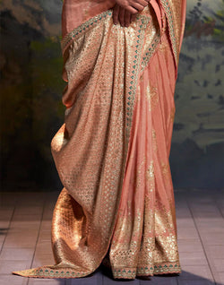 Collection of Light Peach Pure Dola Silk With Fancy Lace Border and Embroidery Work Blouse in a gallery layout