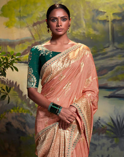 Collection of Light Peach Pure Dola Silk With Fancy Lace Border and Embroidery Work Blouse in a gallery layout